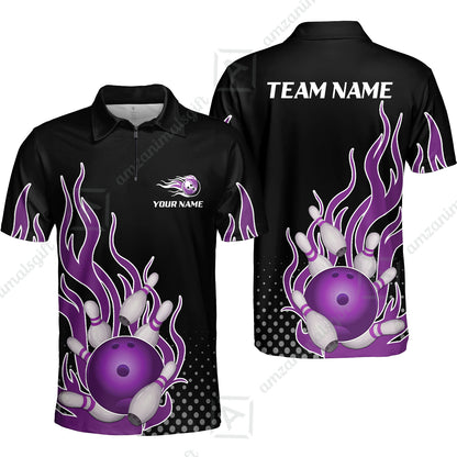 Customized Bowling Team Purple Flame Bowling Quarter-Zip Polo Shirts, Bowling uniforms Bowling Flame Quarter-Zip Polo Shirts