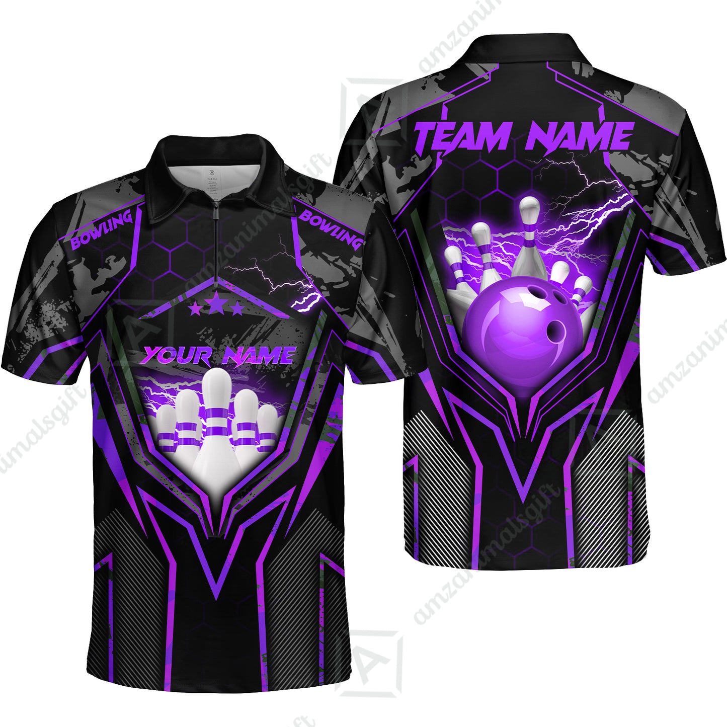 Customized Bowling Jersey, Bowling And Pins Abstract Grunge Texture X Multicolor Option Customized Name And Team Name Zipper Polo Jerseys Shirts