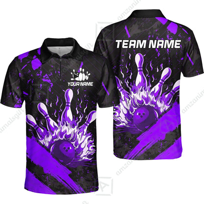 Customized Bowling Unisex Polo Shirt, Bowling And Pins Grunge Flame, Bowling Uniform - Personalized Name And Team Name