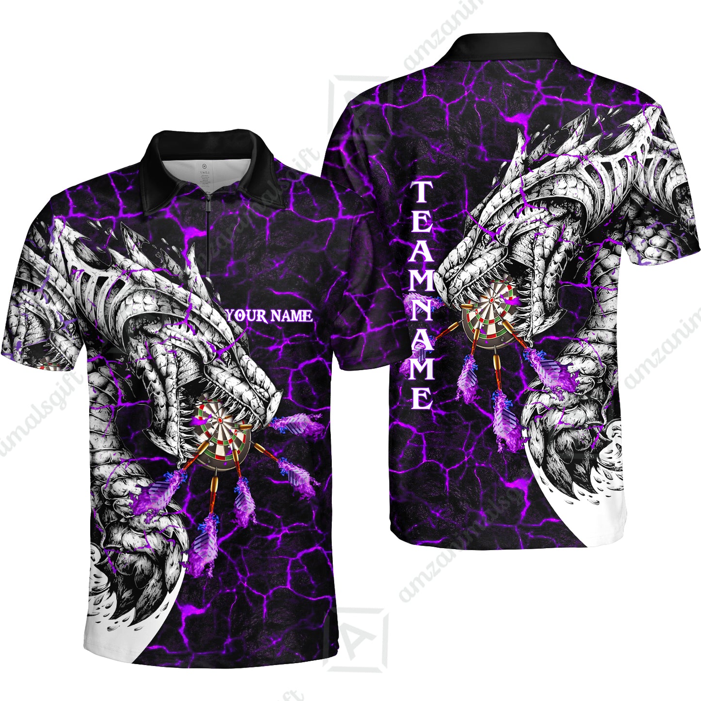 Customized Darts Team Quarter-Zip Polo Shirt, Darts And Dragon With Magma Personalized Zipper Polo Shirt For Darts Players