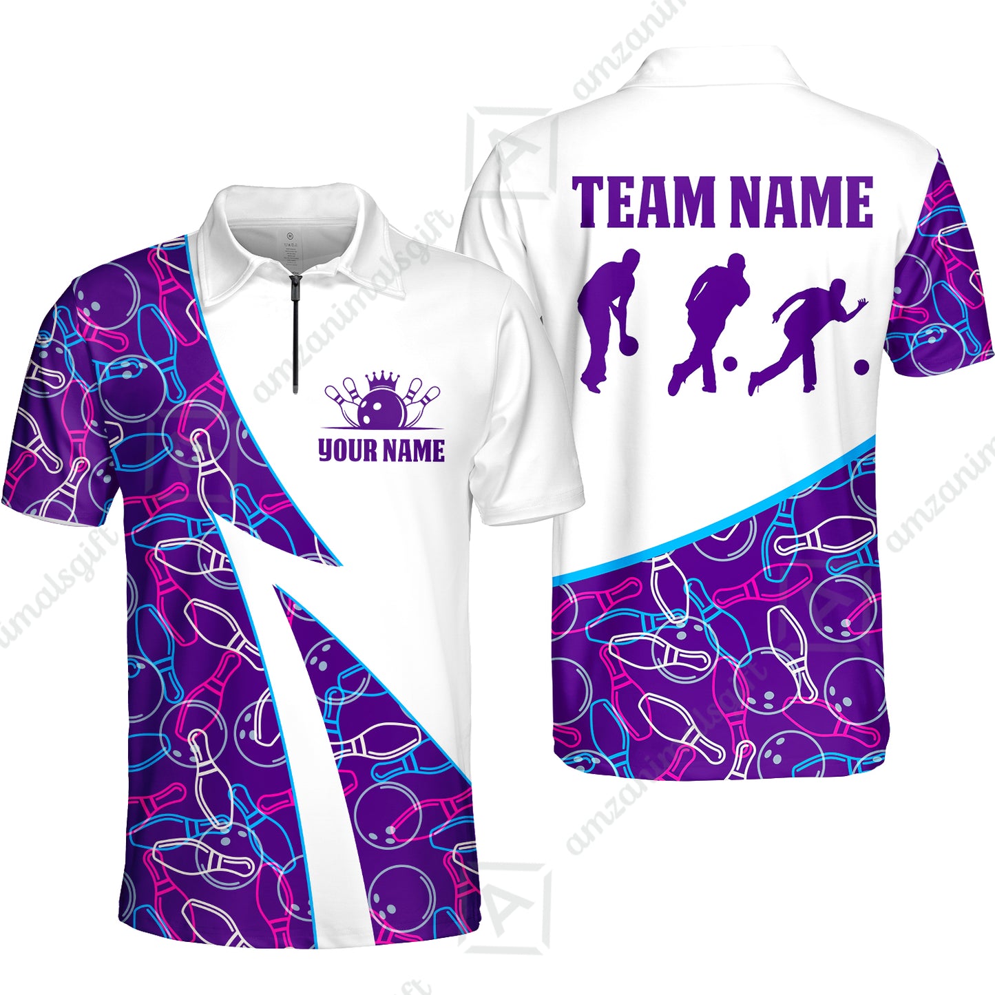 Custom Bowling Team Bowling Jersey, Neon Pattern Bowling Jersey With Player Silhouettes Multicolor Polo Quarter-Zip Shirts, Custom Bowling Uniforms Jerseys
