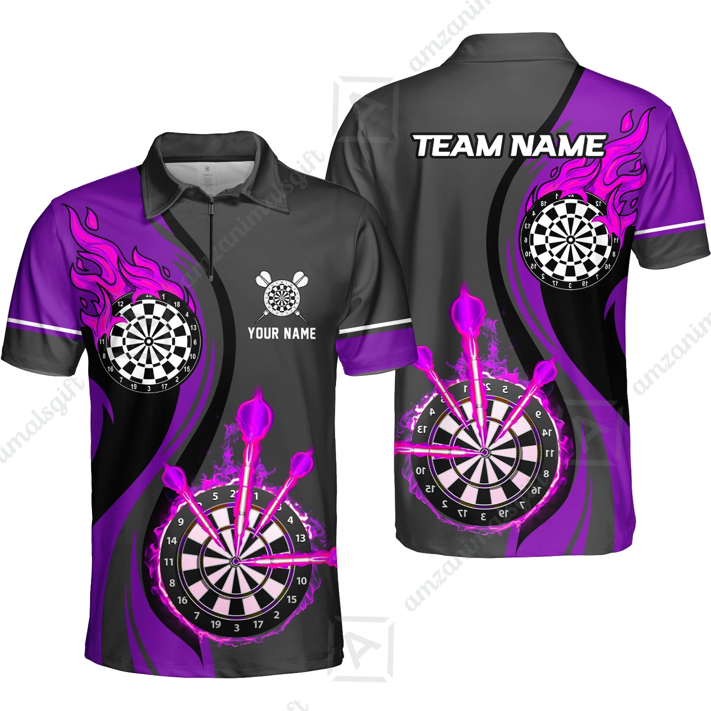 Custom Tailored Fire Flames Darts Team Jersey Polo Quarter-Zip Shirts, Customized Name Team Name Darts Team Jerseys Uniform