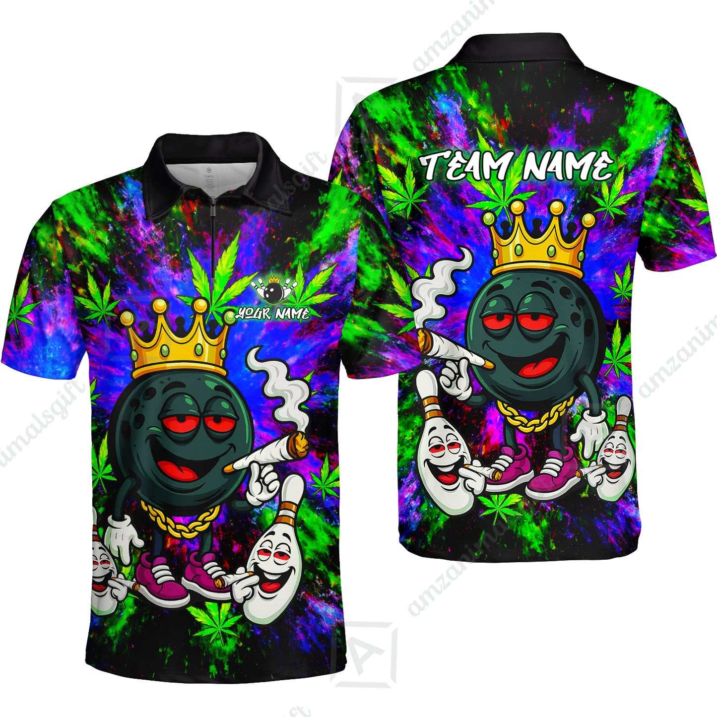 Custom Bowling Team Flat Neck Zip Jersey Shirt, King Smoke Tie-Dye Personalized Team Shirt, Custom Name and Team Name for Bowlers