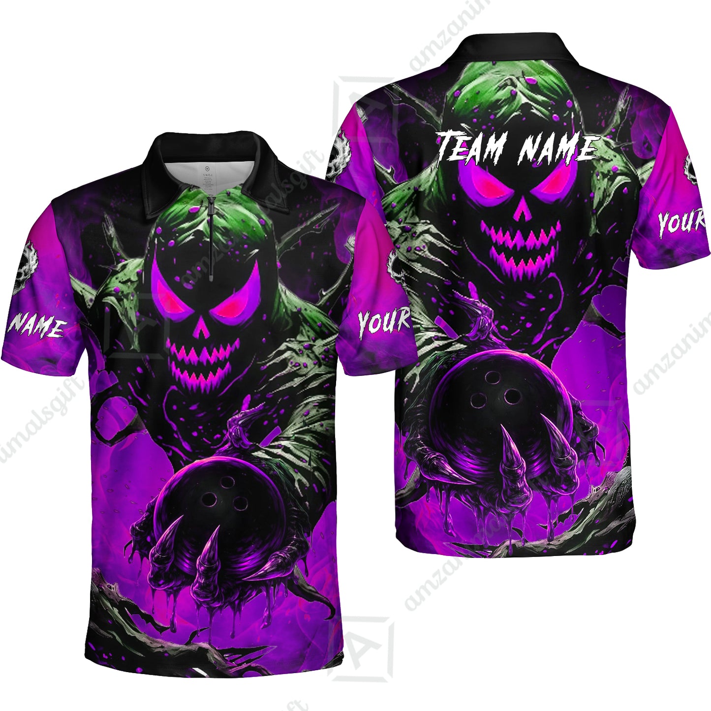 Custom Bowling Team Flat Neck Zip Jersey Shirt, Devil’s Strike Devil’s Strike Power Bowling Edition, Personalized Team Shirt with Custom Name