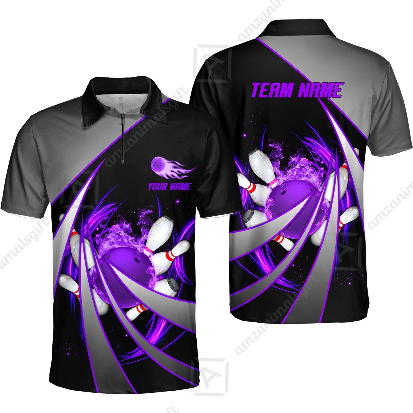 Customized Bowling Unisex Polo, Flame Bowling And Pins Tornado Pattern Multicolor Option Customized Name Zipper Polo Jerseys Shirts