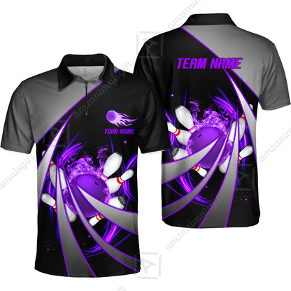 Customized Bowling Unisex Polo, Flame Bowling And Pins Tornado Pattern Multicolor Option Customized Name Zipper Polo Jerseys Shirts