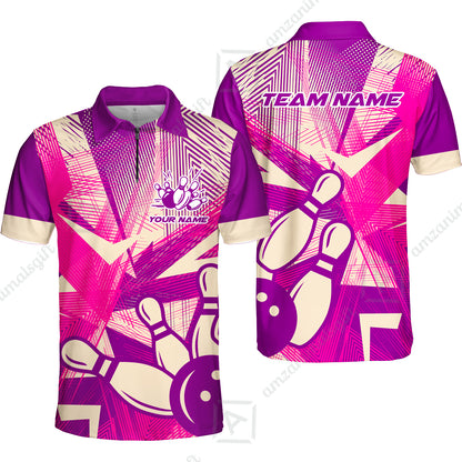 Customized Bowling Quarter-Zip Polo Shirt, Bowling Ball And Pins Esports Pattern Zip Polo Shirt Uniform For Bowlers
