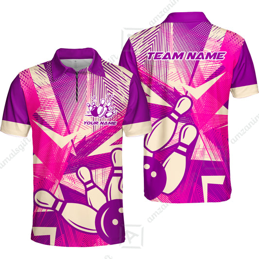 Customized Bowling Quarter-Zip Polo Shirt, Bowling Ball And Pins Esports Pattern Zip Polo Shirt Uniform For Bowlers