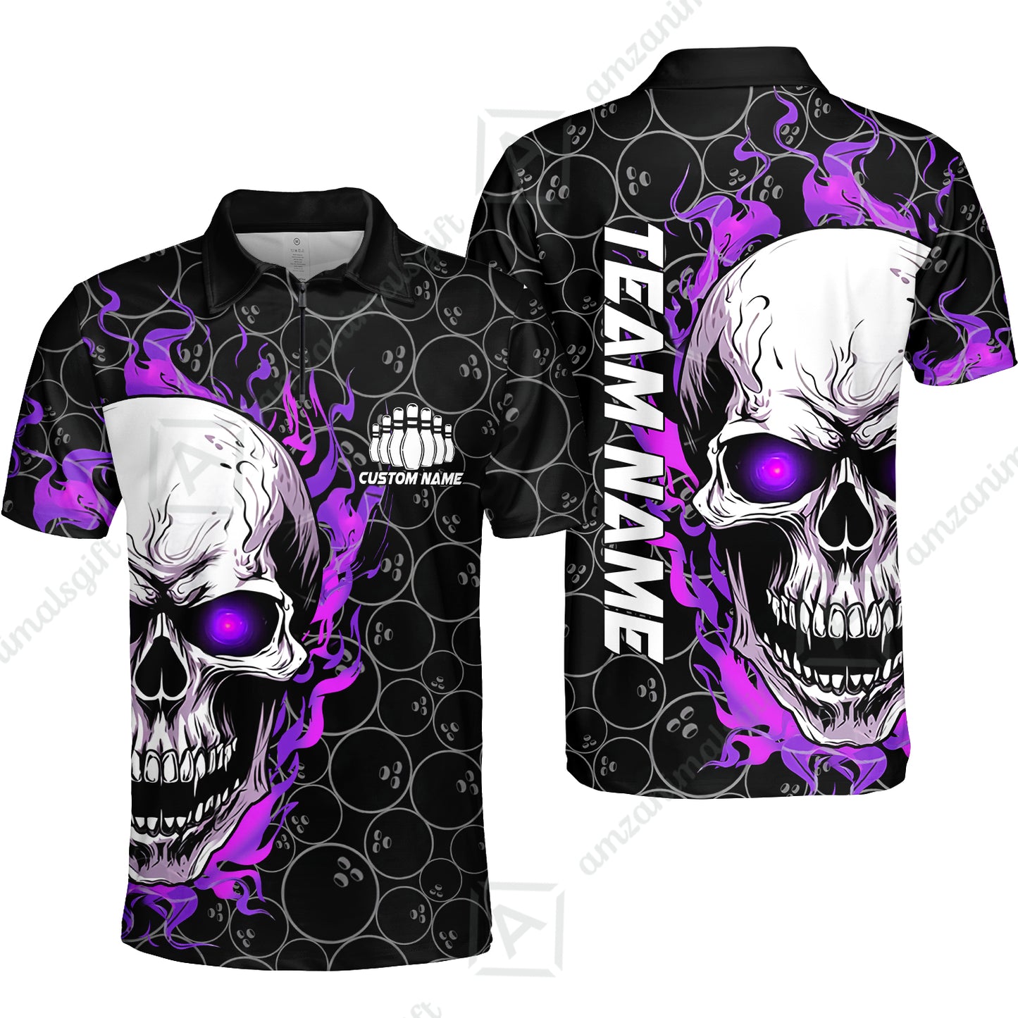 Personalized Bowling Unisex Polo Shirt, Green Flaming Skull Shirt For For Team Men Women Bowlers