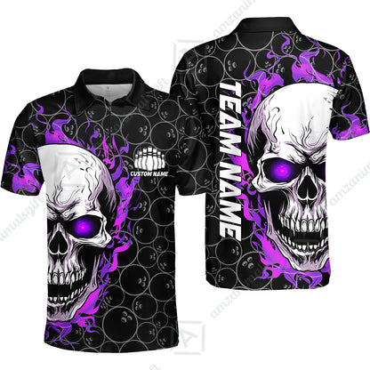 Personalized Bowling Unisex Polo Shirt, Green Flaming Skull Shirt For For Team Men Women Bowlers