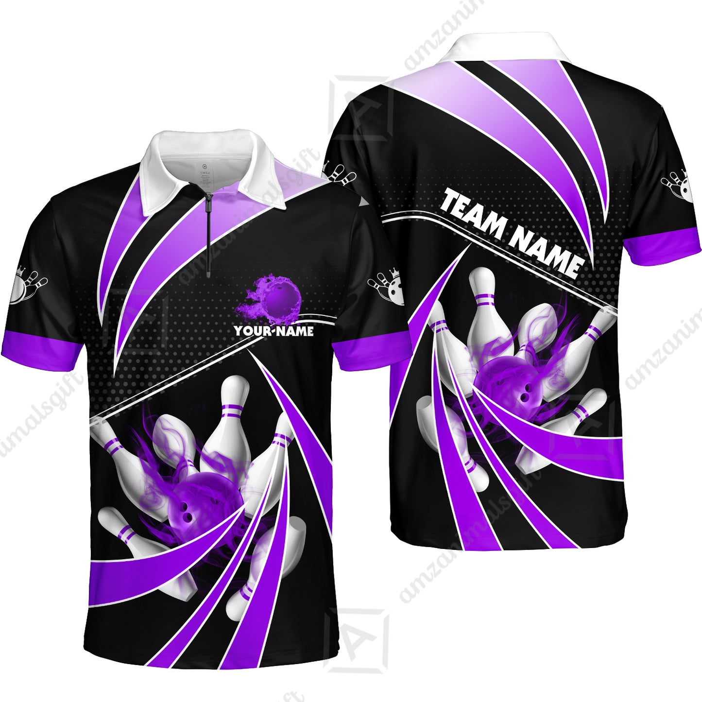 Customized Bowling Quarter-Zip Polo Shirt, Bowling Ball & Pins Fire Light Sport Zip Polo Shirt Multicolor Option For Bowlers