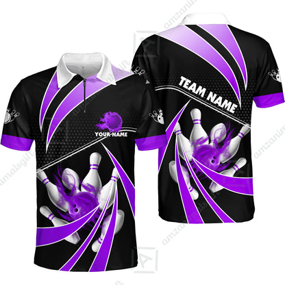 Customized Bowling Quarter-Zip Polo Shirt, Bowling Ball & Pins Fire Light Sport Zip Polo Shirt Multicolor Option For Bowlers