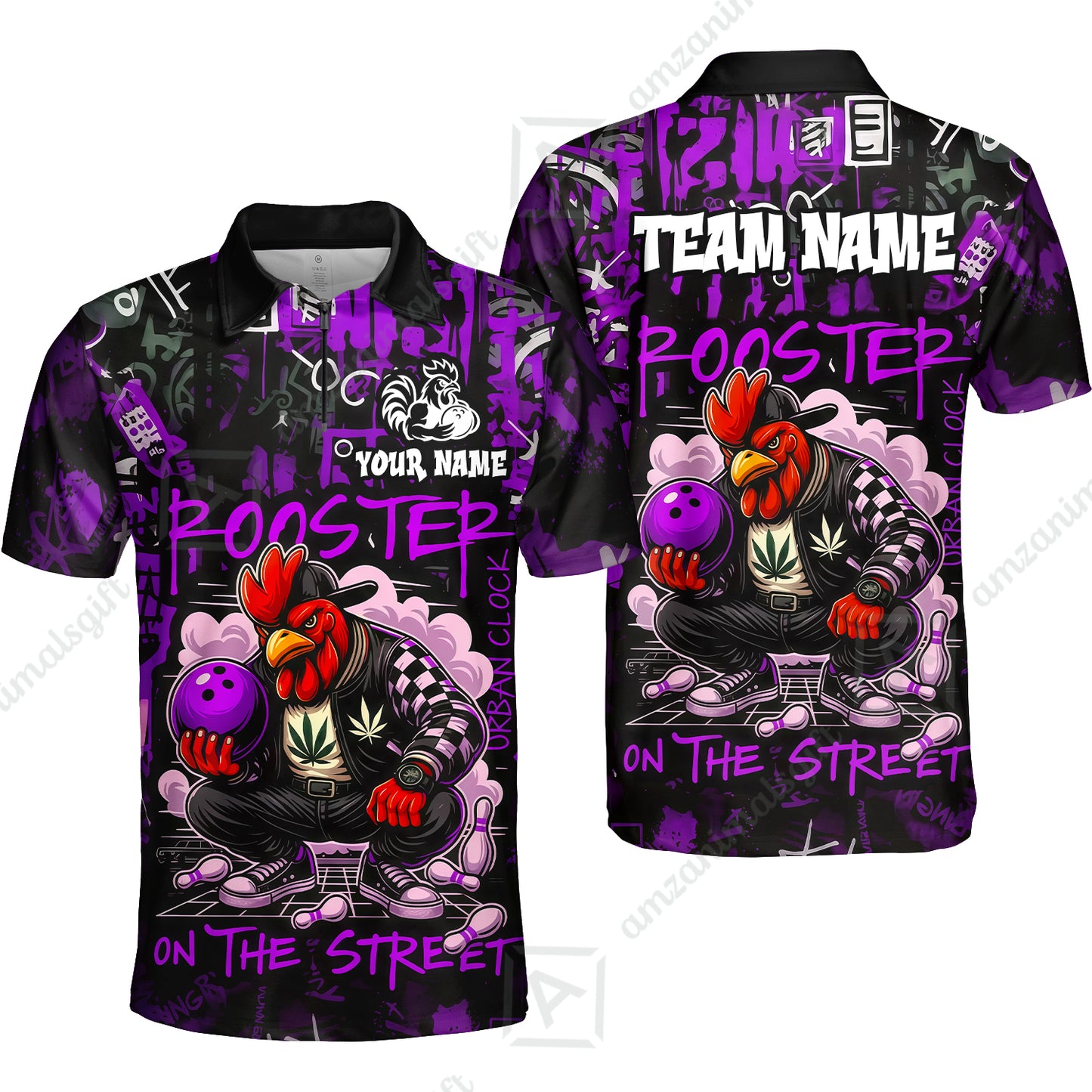 Customized Bowling Unisex Polo Shirt, Urban Streetwear Chicken Bowling Rooster On The Street, Personalized Name Team Name