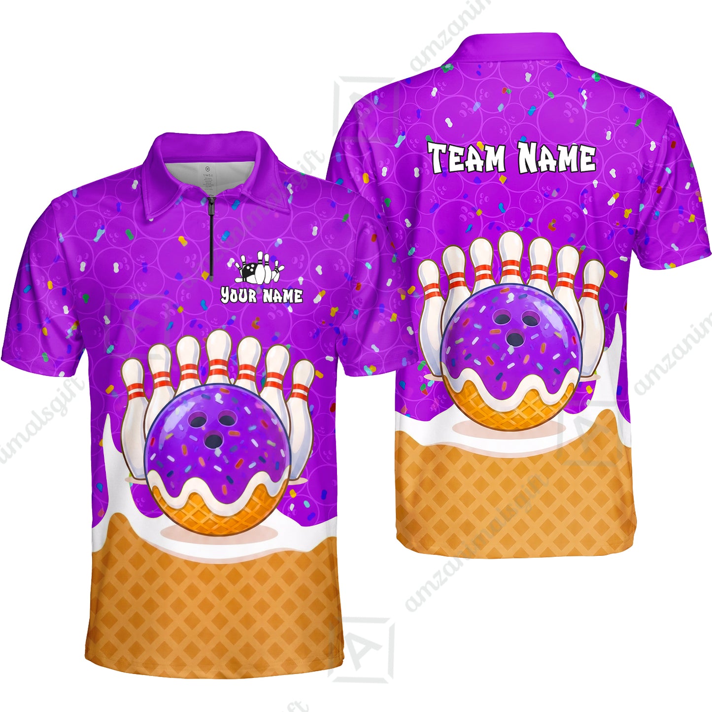 Custom Bowling Jersey Polo Shirt, Bowling Sprinkles Ice Cream Cone, Personalized Name & Team Name