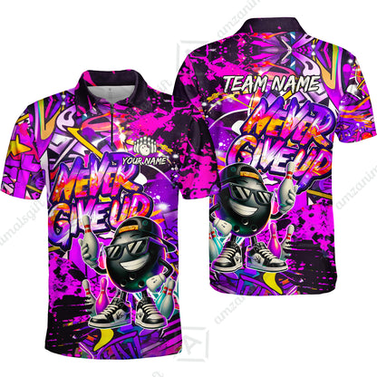 Customized Bowling Unisex Polo Shirt, Graffiti Bowling Funny Never Give Up Bowling Uniform, Personalized Name And Team Name
