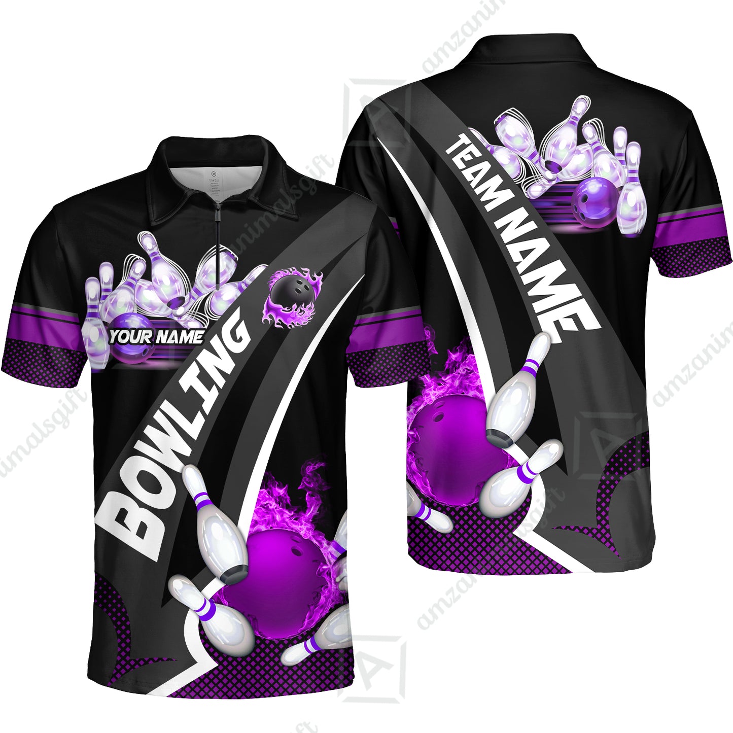 Customized Bowling Polo, Bowling And Pins Plame Premium Multicolor Option Personalized Name And Team Zipper Polo Jerseys Shirts