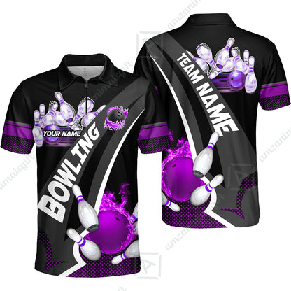 Customized Bowling Polo, Bowling And Pins Plame Premium Multicolor Option Personalized Name And Team Zipper Polo Jerseys Shirts