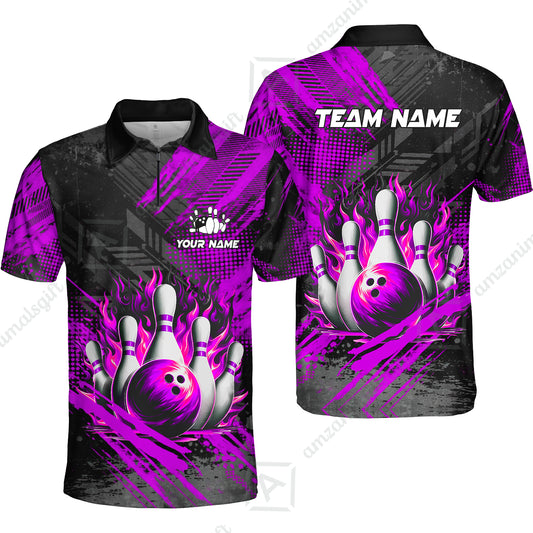 Custom Bowling Team Quarter-Zip Polo Shirt, Personalized Flame Bowling Jersey with Name & Team Name for Men & Women