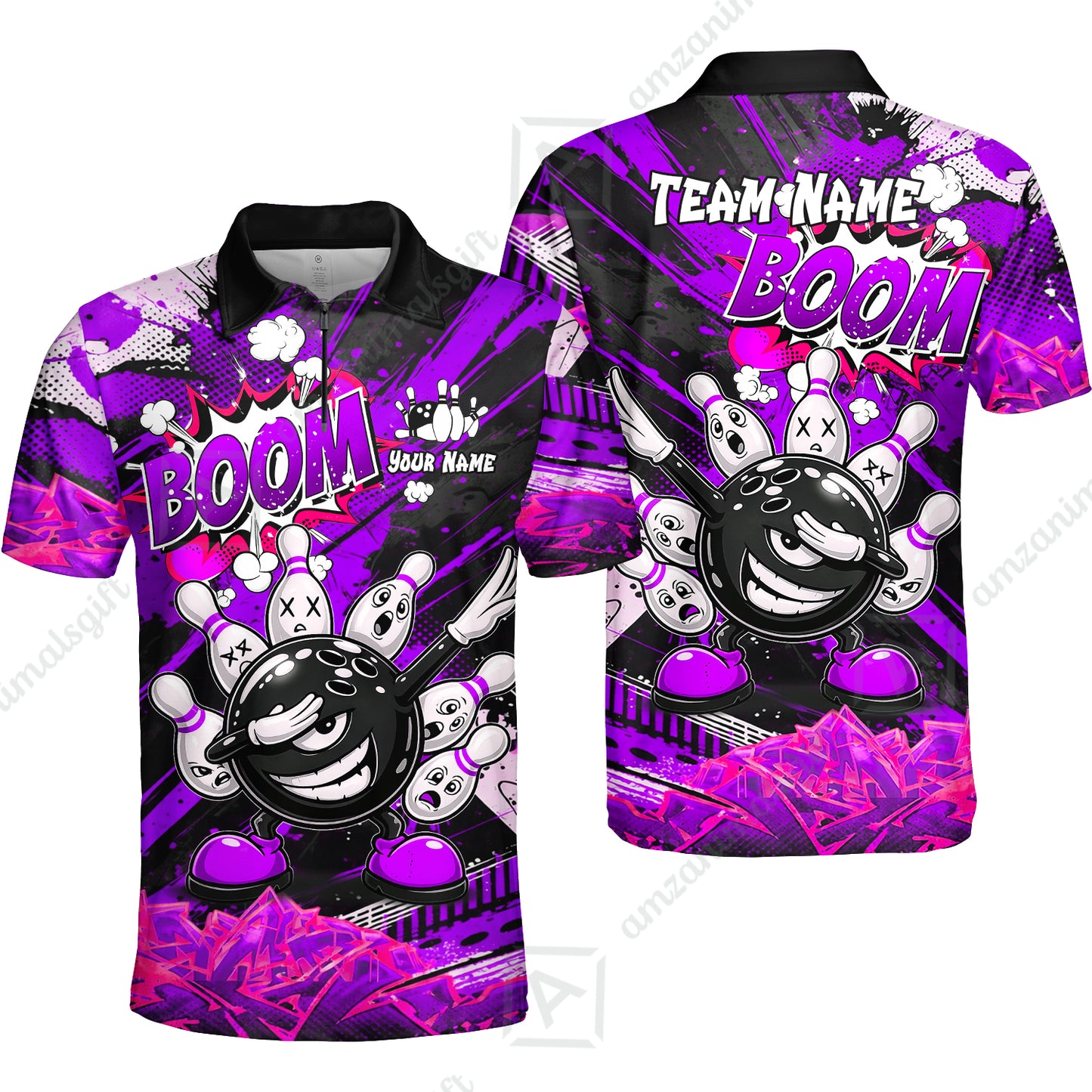 Customized Bowling Unisex Polo Shirt, Boom Bowling Angry Ball Screaming Pins, Personalized Name And Team Name For Bowlers