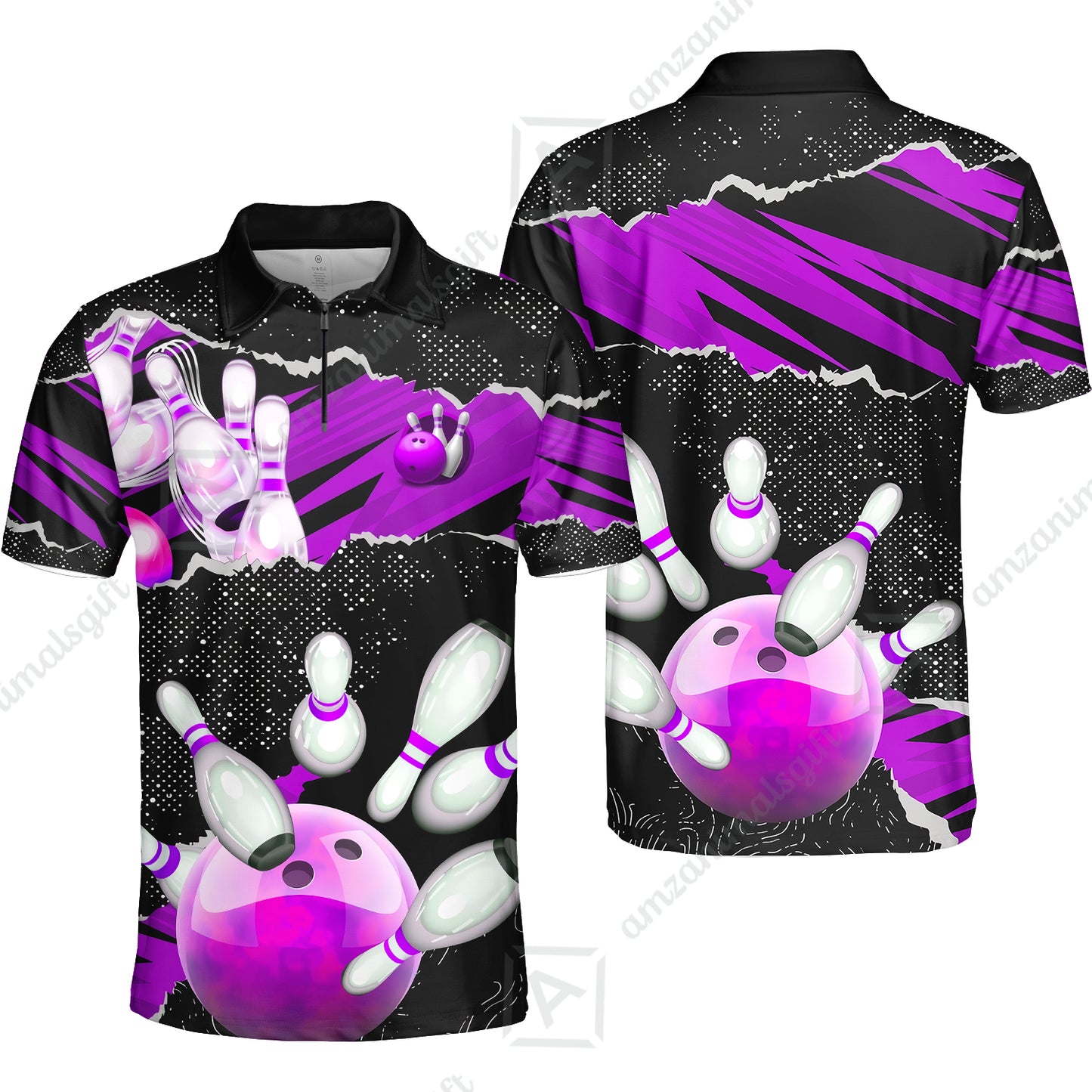 Personalized Bowling Team Quarter-Zip Polo Shirt, Bowling Uniforms Ball & Pins Sport Pattern Custom Name And Team Name