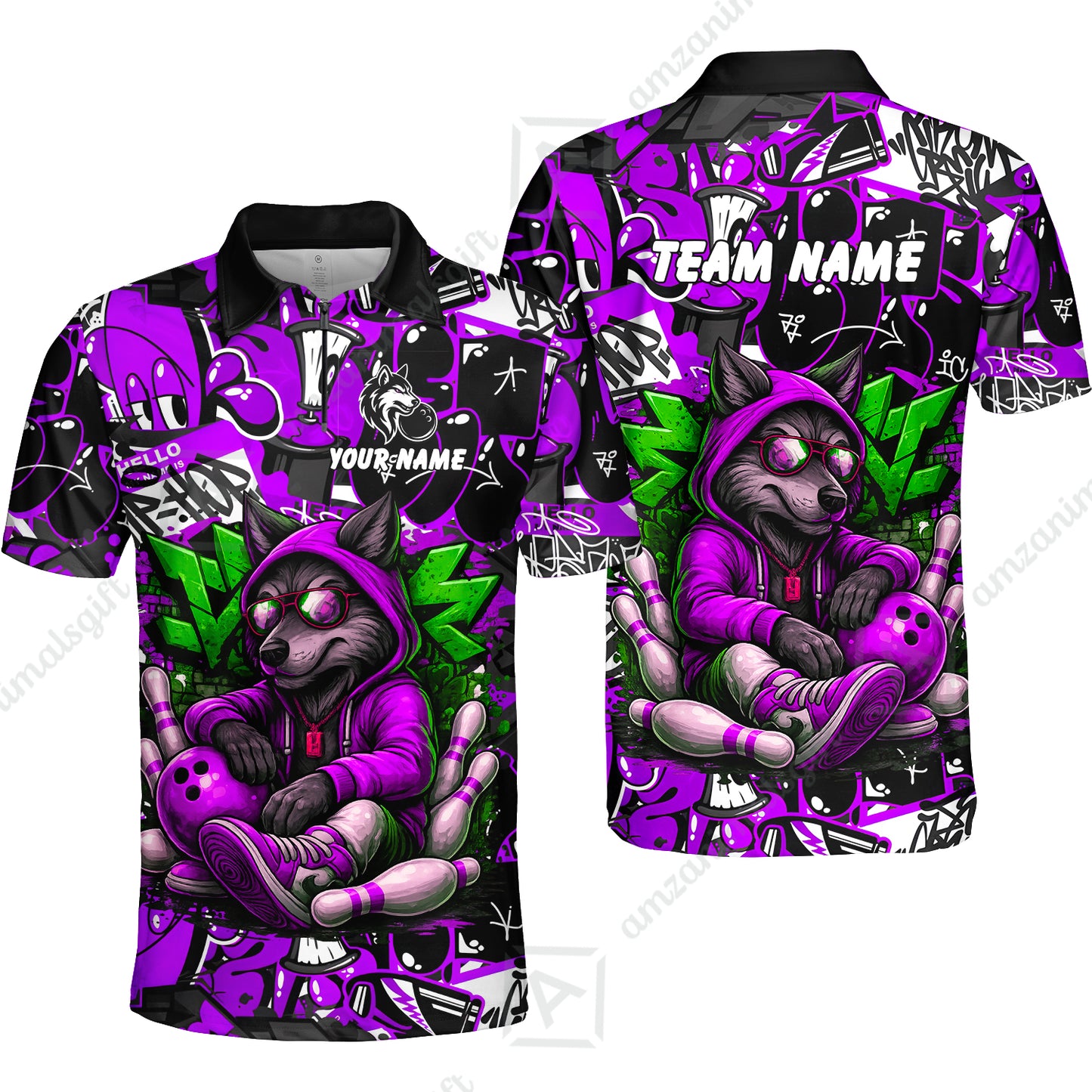Custom Bowling Jersey Polo Shirt, Badass Wolf Mascot Bowling, Custom Bowling Jersey Team Shirt For Players With Name & Team Name