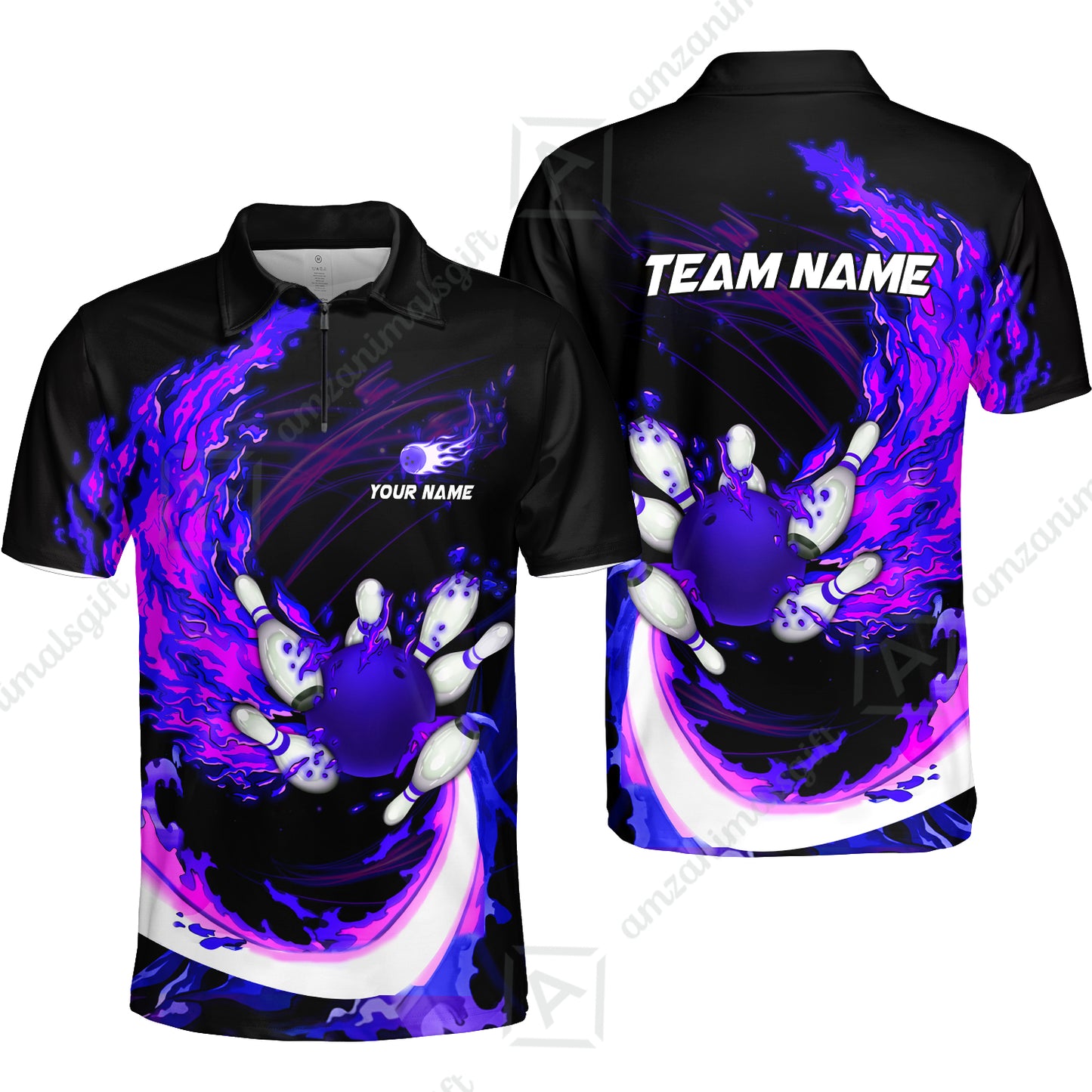 Customized Bowling Polo Team Jerseys, Breath Of Fire Bowling And Pins Multicolor Option Customized Name And Team Name For Bowling Team