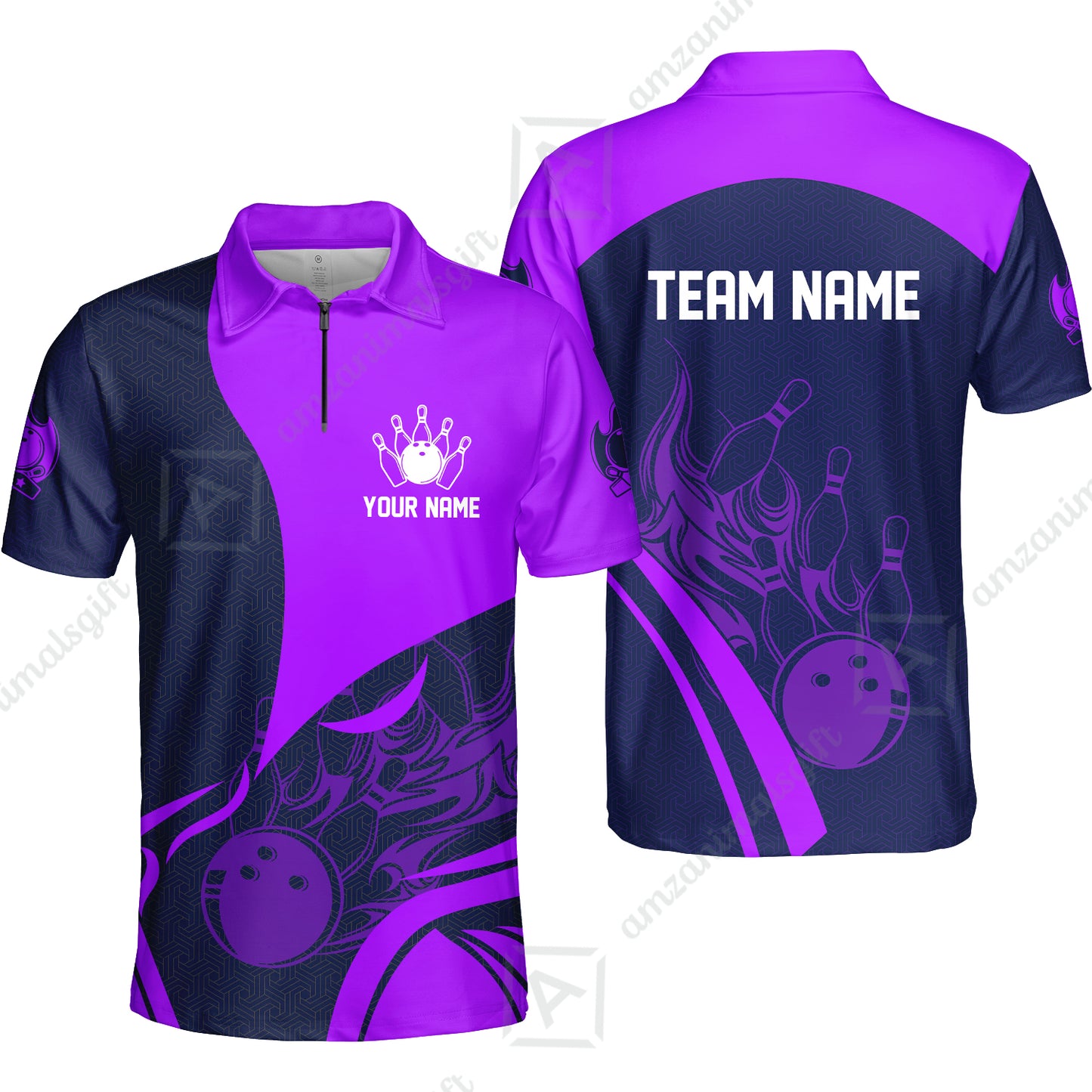 Customized Bowling Quarter-Zip Polo Shirt, Flame Bowling Multicolor Custom Team Uniform Zip Polo, Jersey for Bowlers