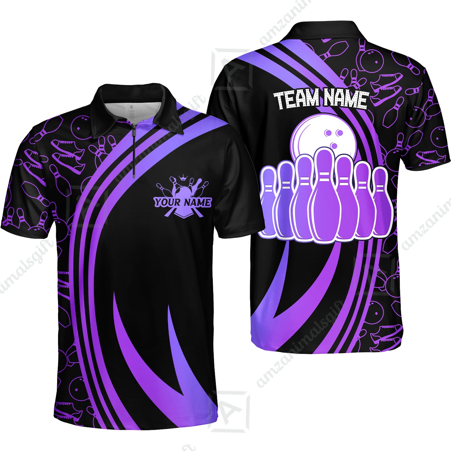 Custom Blue Green Neon Bowling Team Quarter-Zip Polo Shirt, Bowling Uniforms Shirt For Team League Bowlers With Name And Team Name