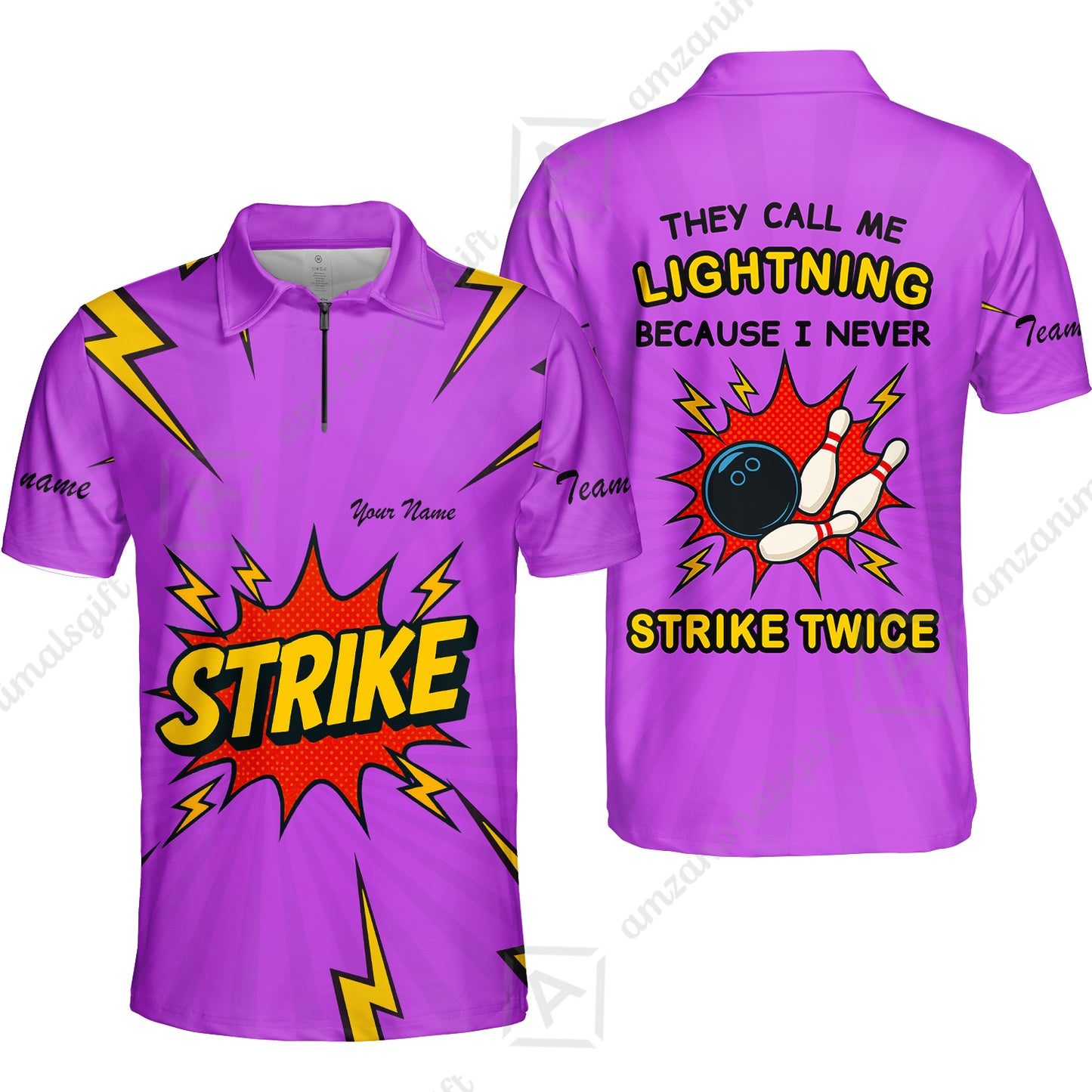 Customized Bowling Quarter-Zip Polo Shirt, They Call Me Lightning Because I Never Strike Twice Comic Style Zip Polo Shirt
