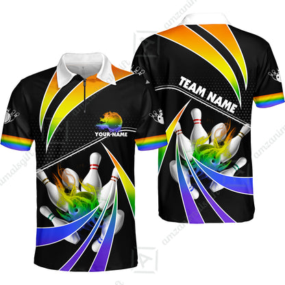 Customized Bowling Quarter-Zip Polo Shirt, Bowling Ball & Pins Fire Light Sport Zip Polo Shirt Multicolor Option For Bowlers