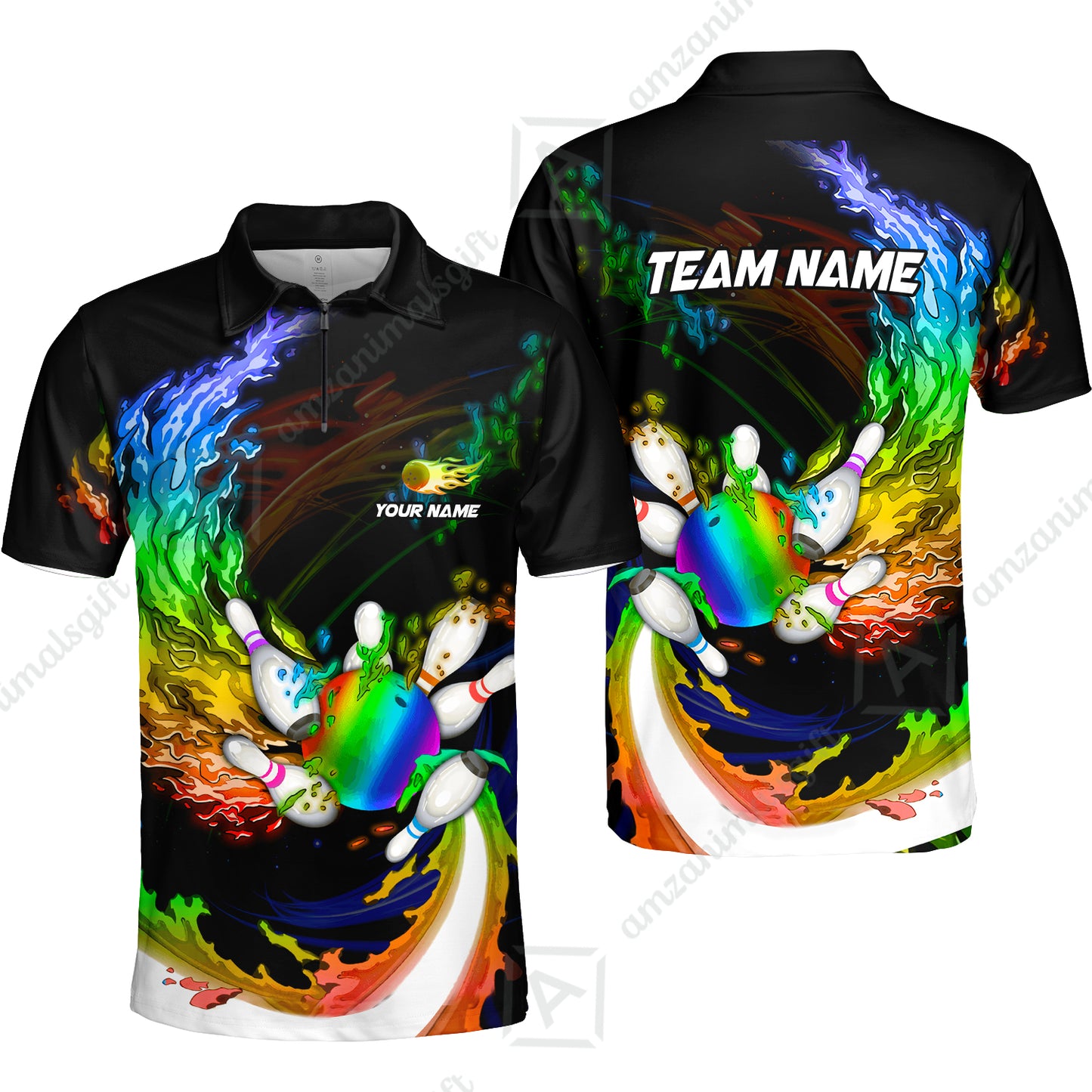 Personalized Bowling Team Quarter-Zip Polo Shirt Breath Of Flaming Bowling Ball & Pins Custom Name And Team Name For Bowlers