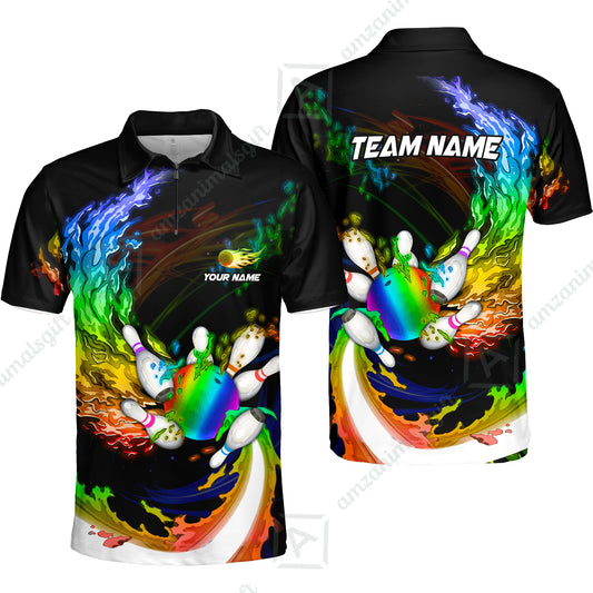 Personalized Bowling Team Quarter-Zip Polo Shirt Breath Of Flaming Bowling Ball & Pins Custom Name And Team Name For Bowlers
