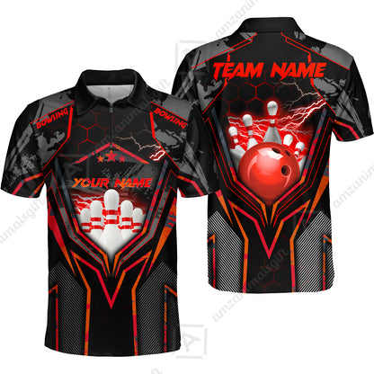 Customized Bowling Jersey, Bowling And Pins Abstract Grunge Texture X Multicolor Option Customized Name And Team Name Zipper Polo Jerseys Shirts