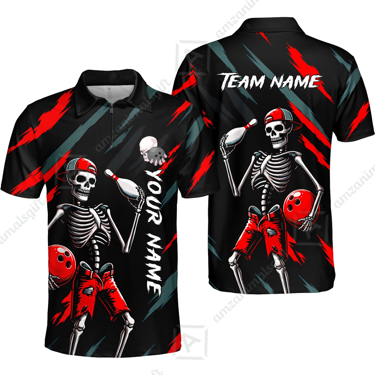 Customized Bowling Shirt, Bad Boy Skeleton Bowler, Personalized Polo Shirt For Players With Name & Team Name