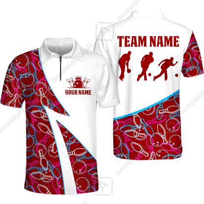 Custom Bowling Team Bowling Jersey, Neon Pattern Bowling Jersey With Player Silhouettes Multicolor Polo Quarter-Zip Shirts, Custom Bowling Uniforms Jerseys