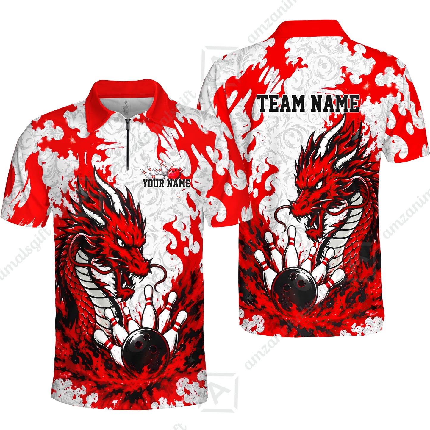 Custom Bowling Jersey Polo Shirt, Fierce Crimson Fire Dragon Strike, Custom Bowling Jersey Team Shirt For Players With Name and Team Name