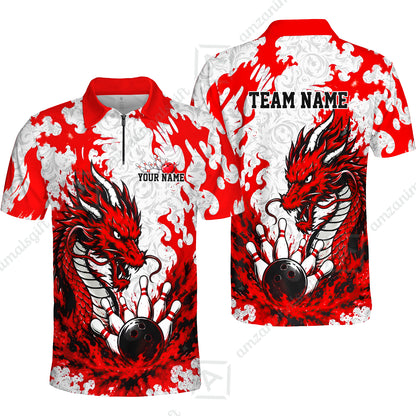 Custom Bowling Jersey Polo Shirt, Fierce Crimson Fire Dragon Strike, Custom Bowling Jersey Team Shirt For Players With Name and Team Name