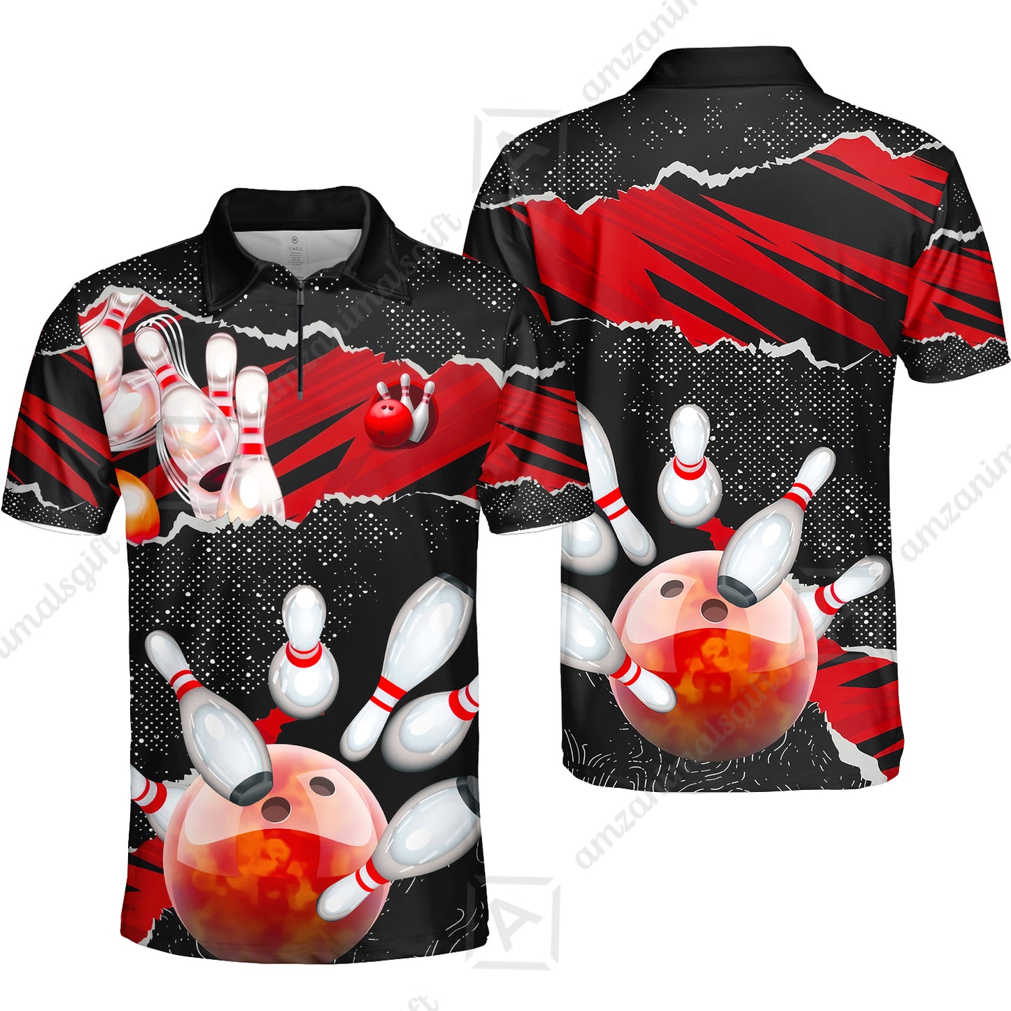 Personalized Bowling Team Quarter-Zip Polo Shirt, Bowling Uniforms Ball & Pins Sport Pattern Custom Name And Team Name