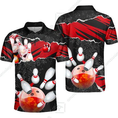 Personalized Bowling Team Quarter-Zip Polo Shirt, Bowling Uniforms Ball & Pins Sport Pattern Custom Name And Team Name