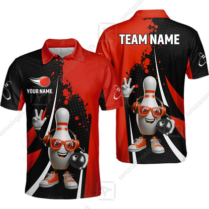Customized Bowling Unisex Polo Shirt, Halftone Bowling Pin Wearing Headphones Sunglasses, Personalized Name And Team Name