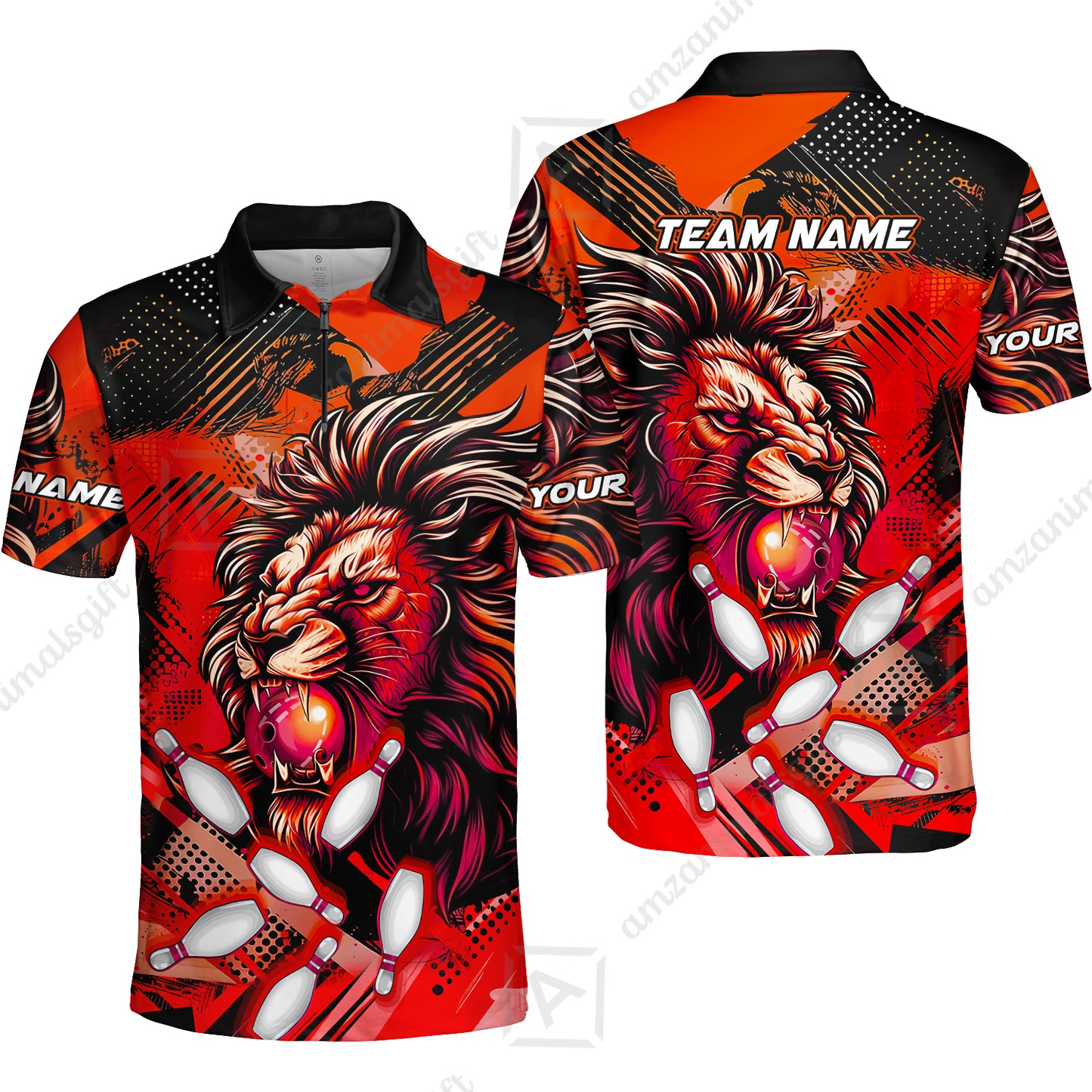 Custom Bowling Team Jerseys Shirts, Bowling uniforms Ball & Pins Lion Pattern Personalized Name And Team Name