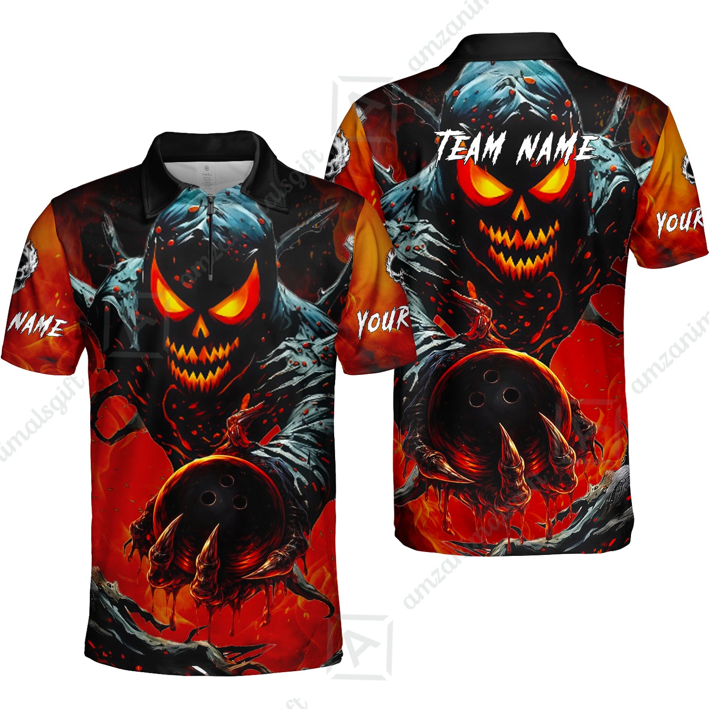 Custom Bowling Team Flat Neck Zip Jersey Shirt, Devil’s Strike Devil’s Strike Power Bowling Edition, Personalized Team Shirt with Custom Name