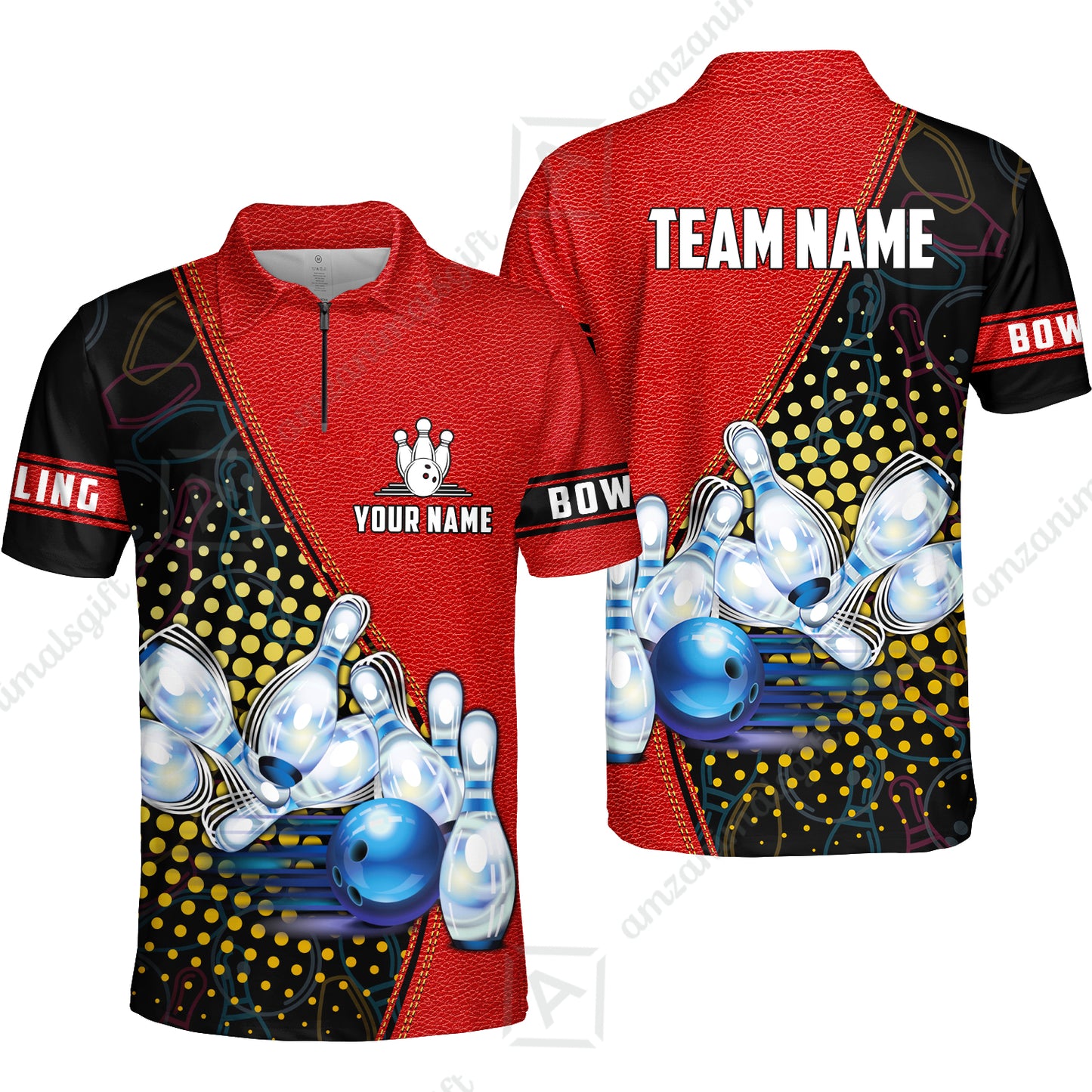 Customized Bowling Quarter-Zip Polo Shirt, Leather Pattern Bowling Strike Out Zip Polo Shirt Multicolor Option For Bowlers