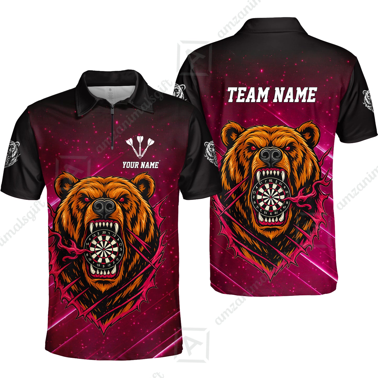 Customized Darts Team Uniform Shirt, Personalized Furious Bear Darts Collar Quarter-Zip Shirt with Name & Team Name