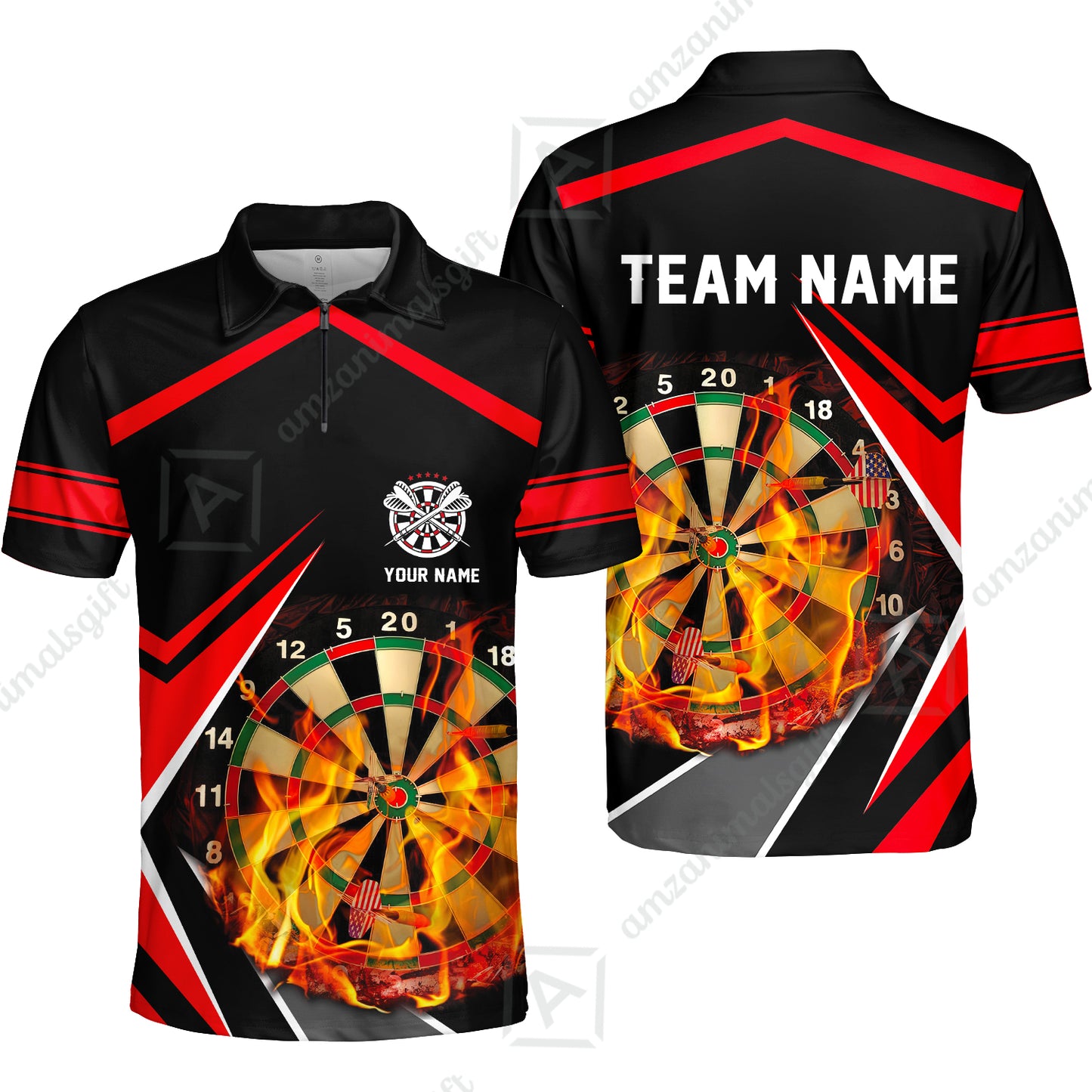 Customized Darts Team Quarter-Zip Polo Shirt, Dartboard In Flame Polo Shirt Personalized Name And Team Name For Darts League