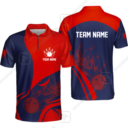 Customized Bowling Quarter-Zip Polo Shirt, Flame Bowling Multicolor Custom Team Uniform Zip Polo, Jersey for Bowlers