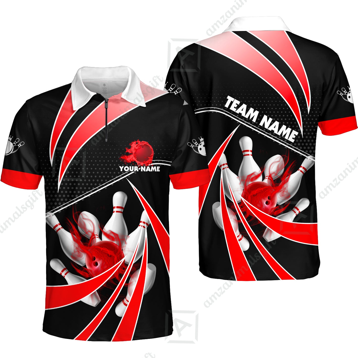 Customized Bowling Quarter-Zip Polo Shirt, Bowling Ball & Pins Fire Light Sport Zip Polo Shirt Multicolor Option For Bowlers