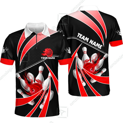 Customized Bowling Quarter-Zip Polo Shirt, Bowling Ball & Pins Fire Light Sport Zip Polo Shirt Multicolor Option For Bowlers