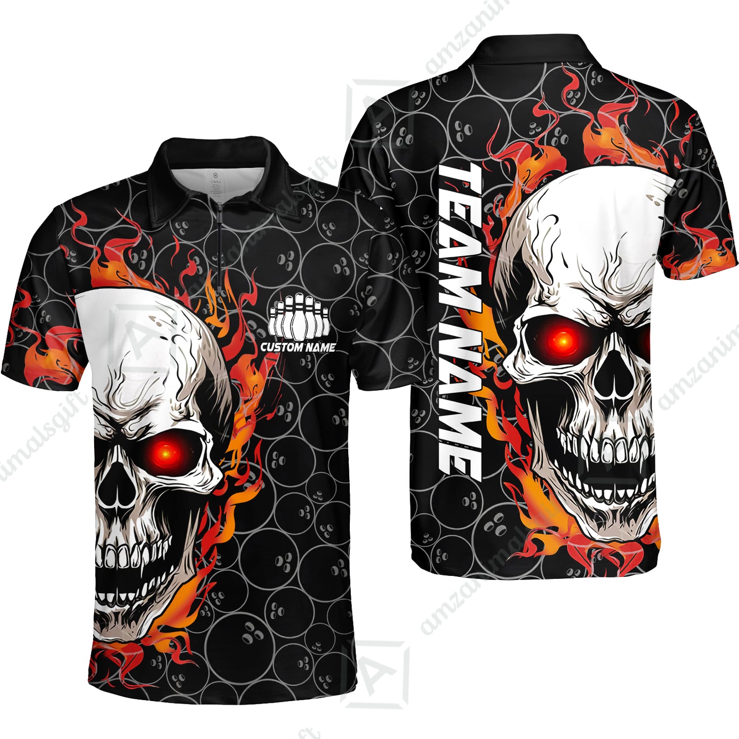 Personalized Bowling Unisex Polo Shirt, Green Flaming Skull Shirt For For Team Men Women Bowlers