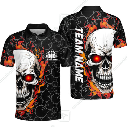 Personalized Bowling Unisex Polo Shirt, Green Flaming Skull Shirt For For Team Men Women Bowlers